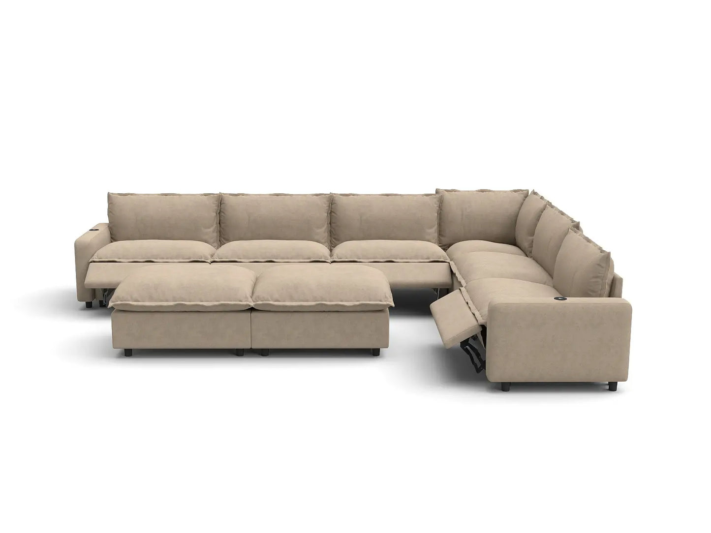 Modular Cero Reclining Sectionals | 8-Piece Khaki Linen Open Space Sofa Sets 6-Seater with 2-Ottomans
