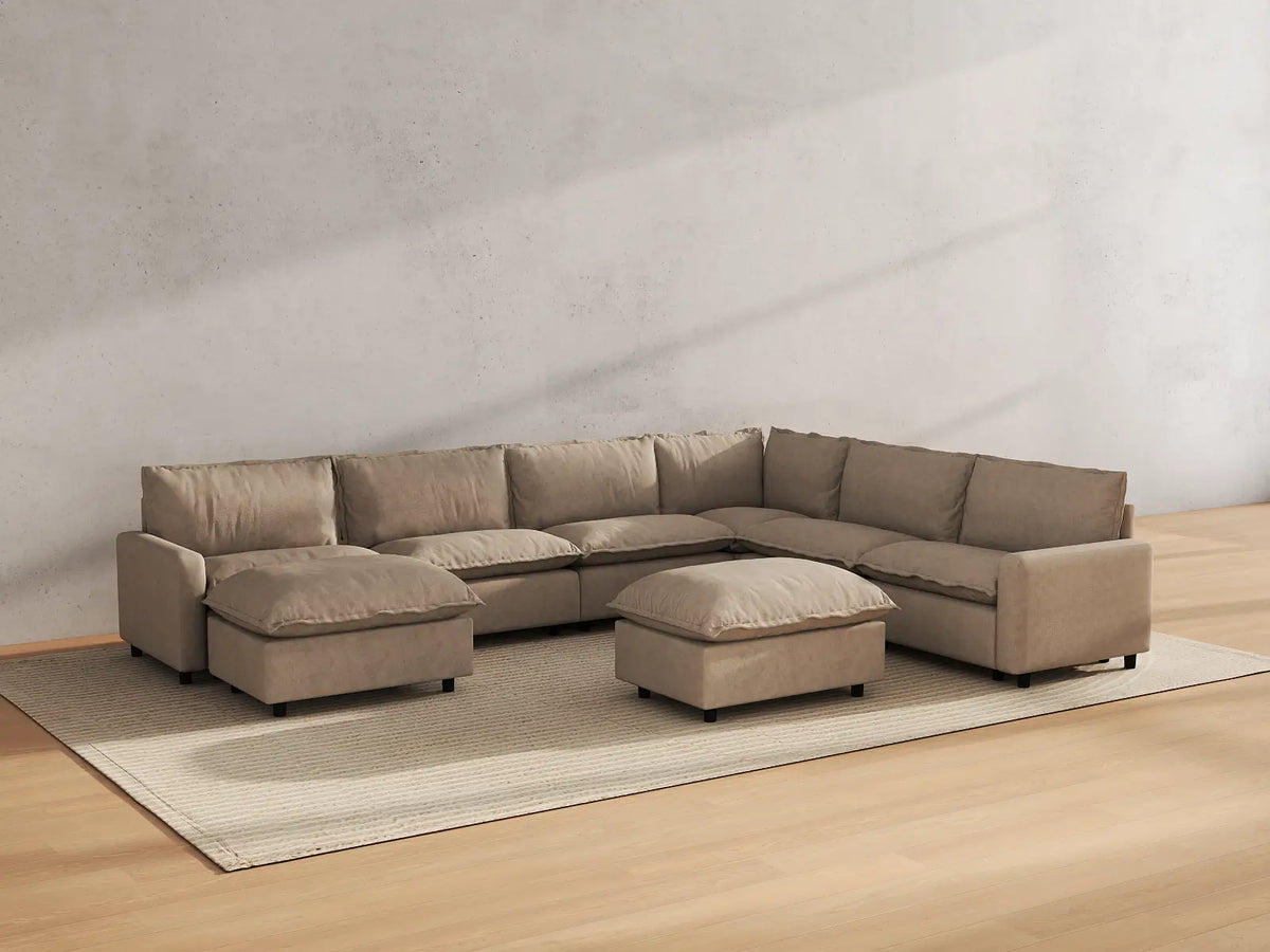 Modular Cero Modular Sectionals | 8-Piece Khaki Linen Open Space Sofa Sets 6-Seater with 2-Ottomans