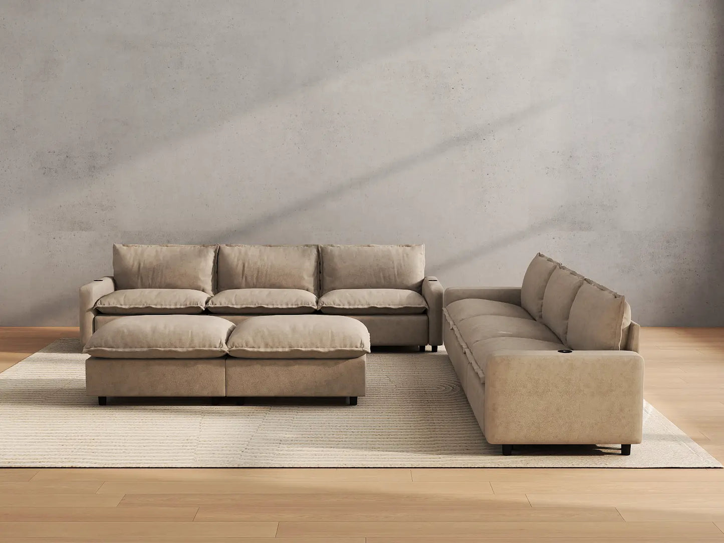 Modular Cero Reclining Sectionals | 8-Piece Khaki Linen Open Space Sofa Sets 6-Seater with 2-Ottomans