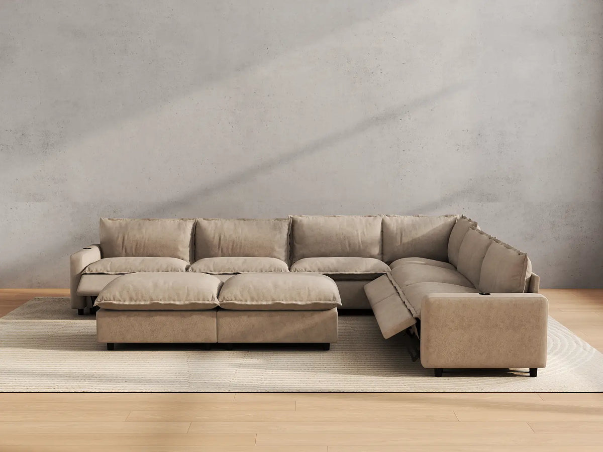 Modular Cero Reclining Sectionals | 8-Piece Khaki Linen Open Space Sofa Sets 6-Seater with 2-Ottomans