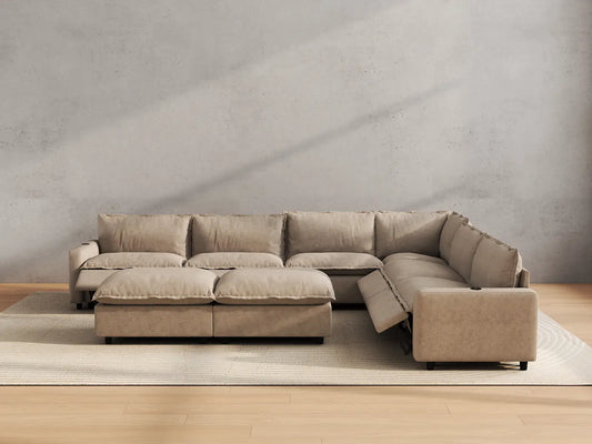 Modular Cero Reclining Sectionals | 8-Piece Khaki Linen Open Space Sofa Sets 6-Seater with 2-Ottomans