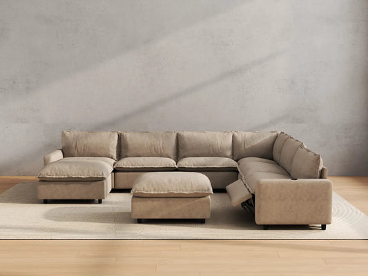 Modular Cero Reclining Sectionals | 8-Piece Khaki Linen Open Space Sofa Sets 6-Seater with 2-Ottomans