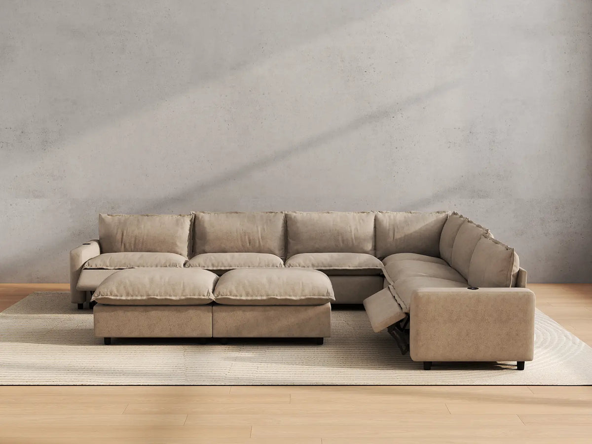 Modular Cero Reclining Sectionals | 8-Piece Khaki Linen Open Space Sofa Sets 6-Seater with 2-Ottomans