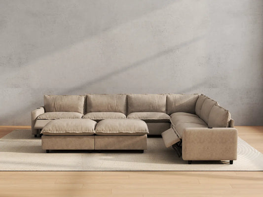 Modular Cero Reclining Sectionals | 8-Piece Khaki Linen Open Space Sofa Sets 6-Seater with 2-Ottomans