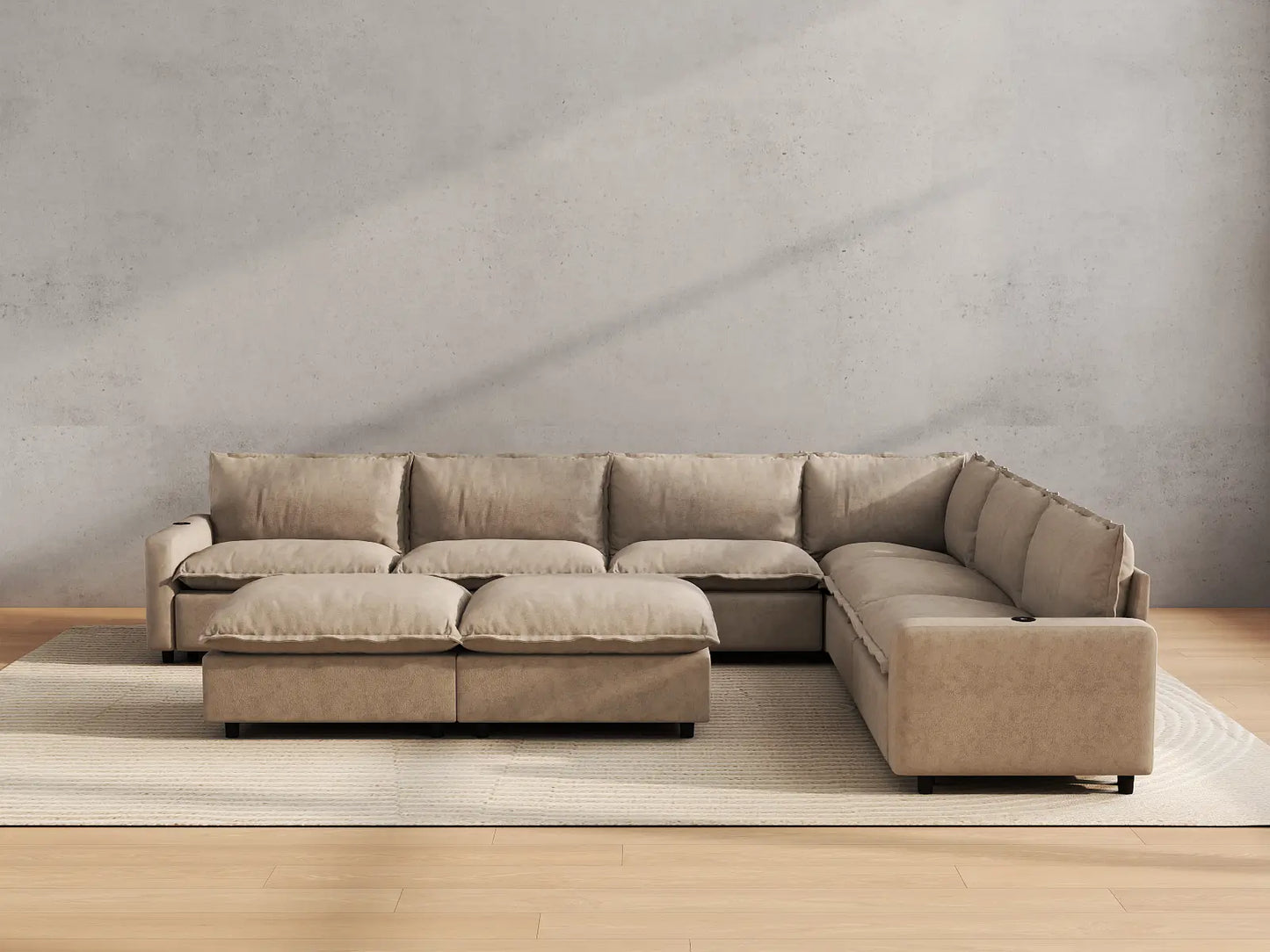 Modular Cero Reclining Sectionals | 8-Piece Khaki Linen Open Space Sofa Sets 6-Seater with 2-Ottomans