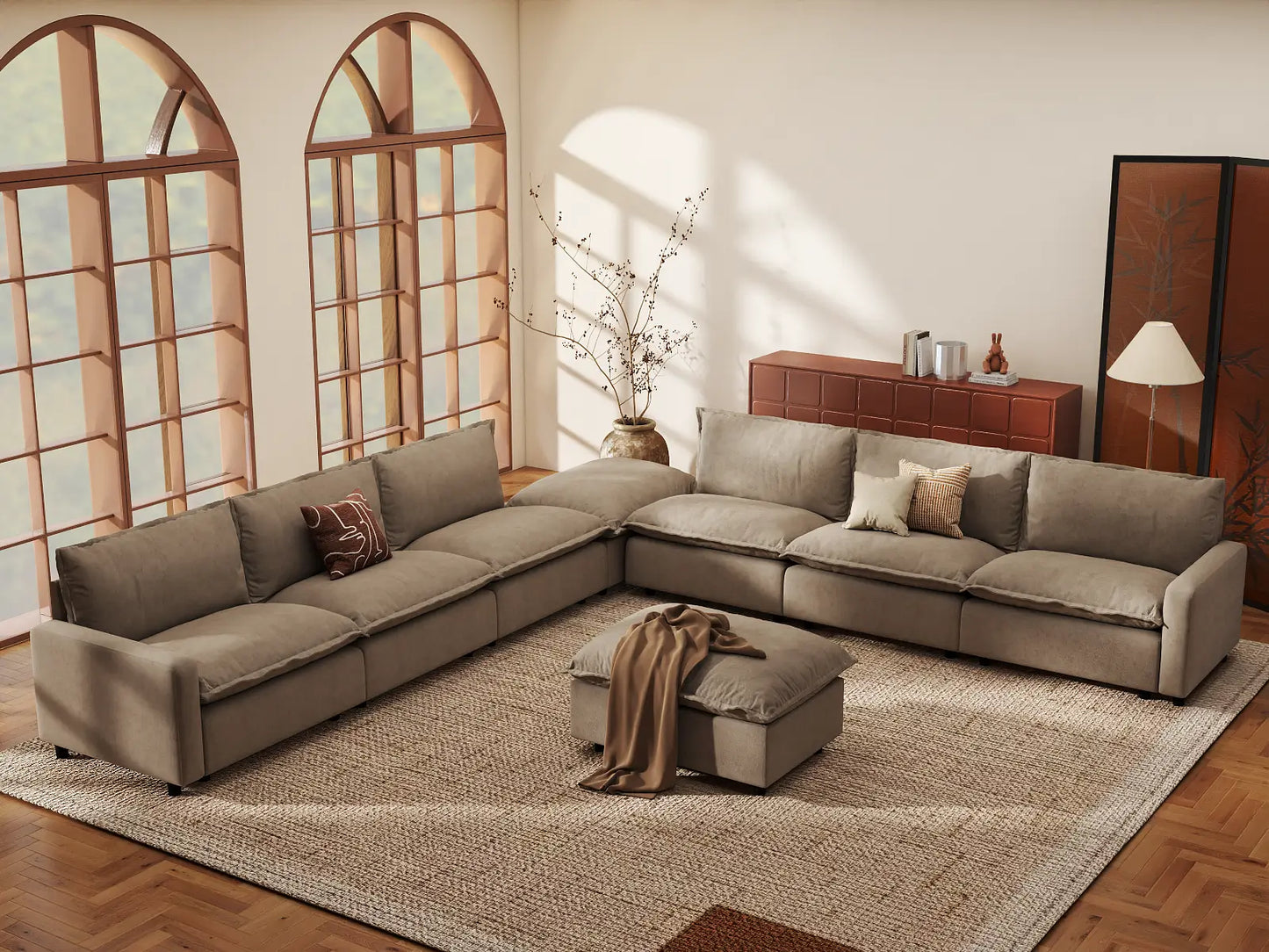 Modular Cero Modular Sectionals | 8-Piece Khaki Linen Open Space Sofa Sets 6-Seater with 2-Ottomans