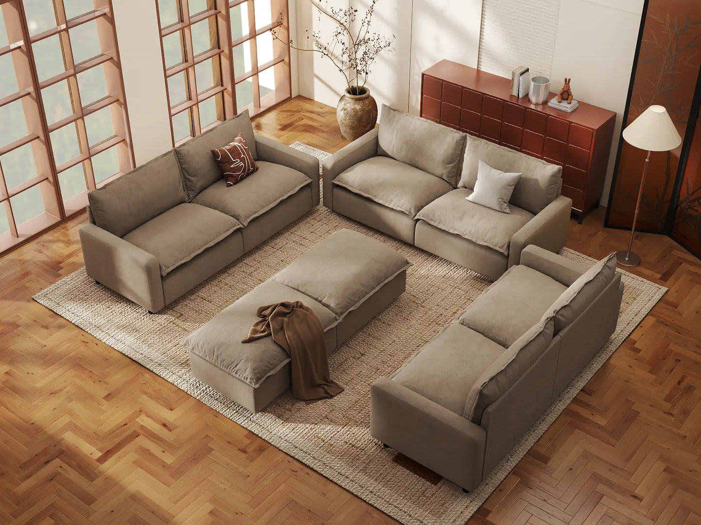 Modular Cero Modular Sectionals | 8-Piece Khaki Linen Open Space Sofa Sets 6-Seater with 2-Ottomans