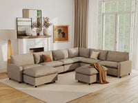 Modular Cero Modular Sectionals | 8-Piece Khaki Linen Open Space Sofa Sets 6-Seater with 2-Ottomans