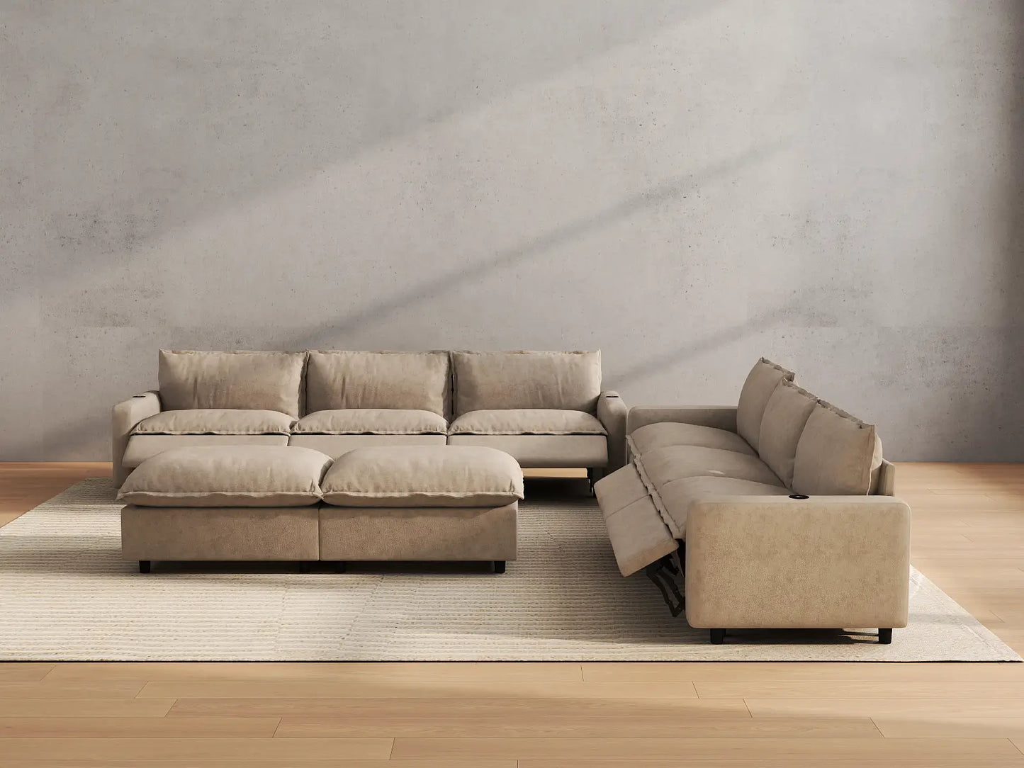 Modular Cero Reclining Sectionals | 8-Piece Khaki Linen Open Space Sofa Sets 6-Seater with 2-Ottomans