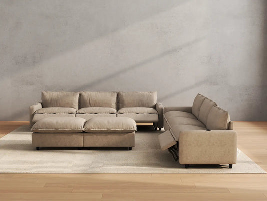 Modular Cero Reclining Sectionals | 8-Piece Khaki Linen Open Space Sofa Sets 6-Seater with 2-Ottomans