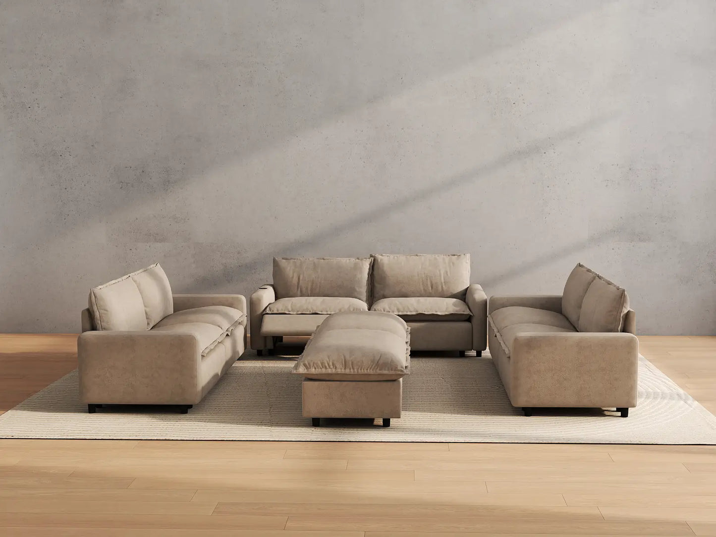 Modular Cero Reclining Sectionals | 8-Piece Khaki Linen Open Space Sofa Sets 6-Seater with 2-Ottomans