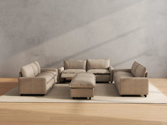 Modular Cero Reclining Sectionals | 8-Piece Khaki Linen Open Space Sofa Sets 6-Seater with 2-Ottomans