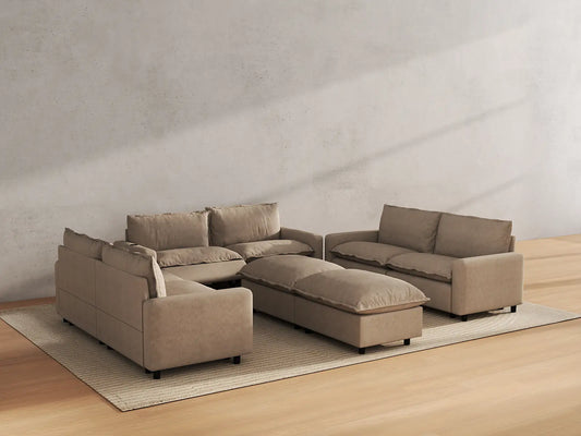 Modular Cero Reclining Sectionals | 8-Piece Khaki Linen Open Space Sofa Sets 6-Seater with 2-Ottomans