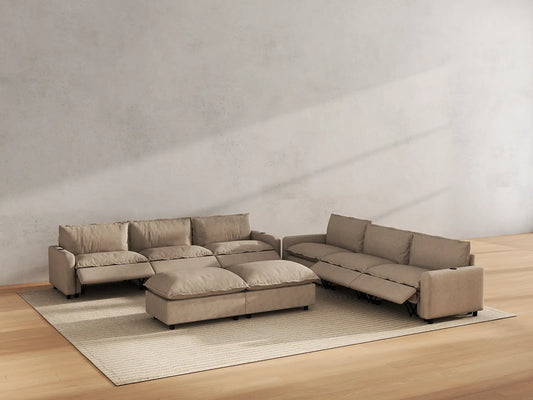 Modular Cero Reclining Sectionals | 8-Piece Khaki Linen Open Space Sofa Sets 6-Seater with 2-Ottomans