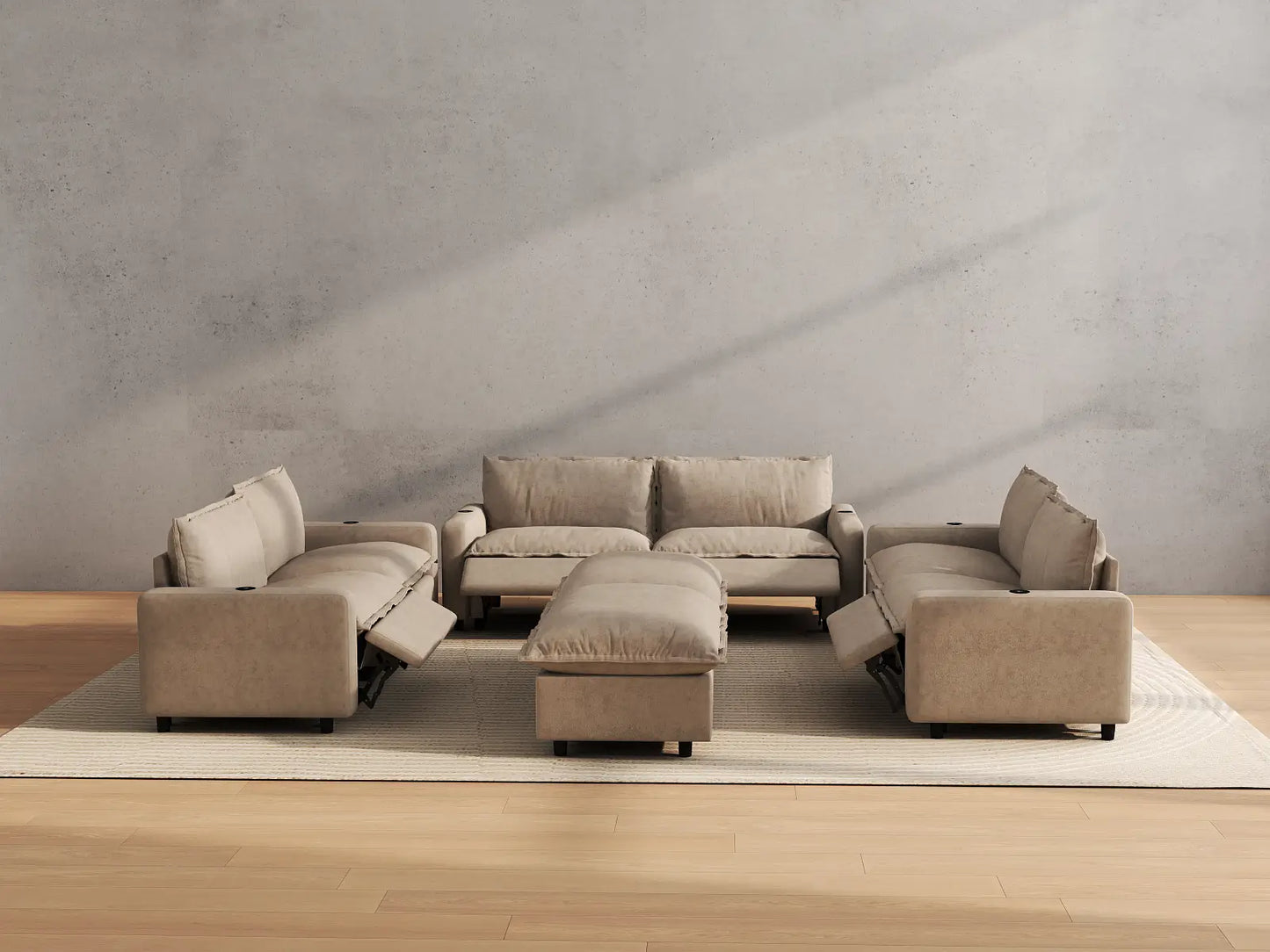 Modular Cero Reclining Sectionals | 8-Piece Khaki Linen Open Space Sofa Sets 6-Seater with 2-Ottomans