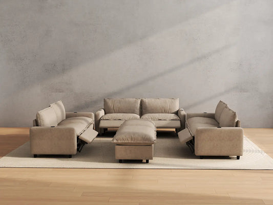 Modular Cero Reclining Sectionals | 8-Piece Khaki Linen Open Space Sofa Sets 6-Seater with 2-Ottomans