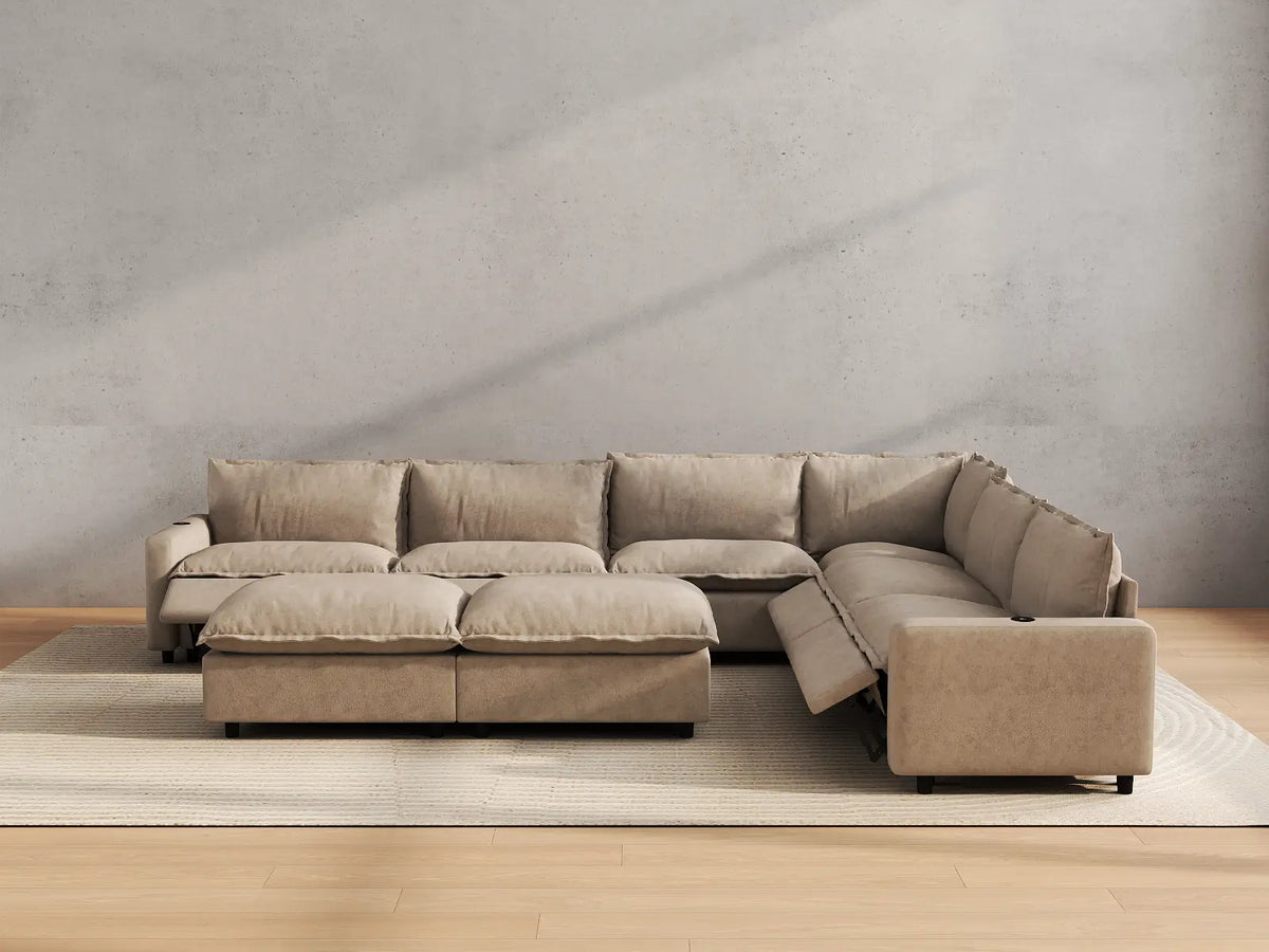 Modular Cero Reclining Sectionals | 8-Piece Khaki Linen Open Space Sofa Sets 6-Seater with 2-Ottomans