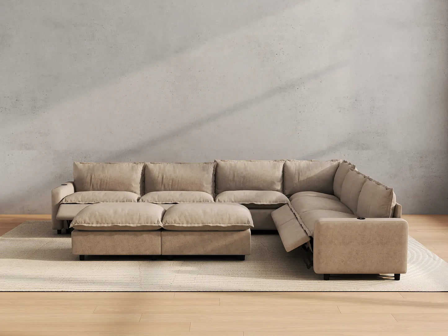 Modular Cero Reclining Sectionals | 8-Piece Khaki Linen Open Space Sofa Sets 6-Seater with 2-Ottomans