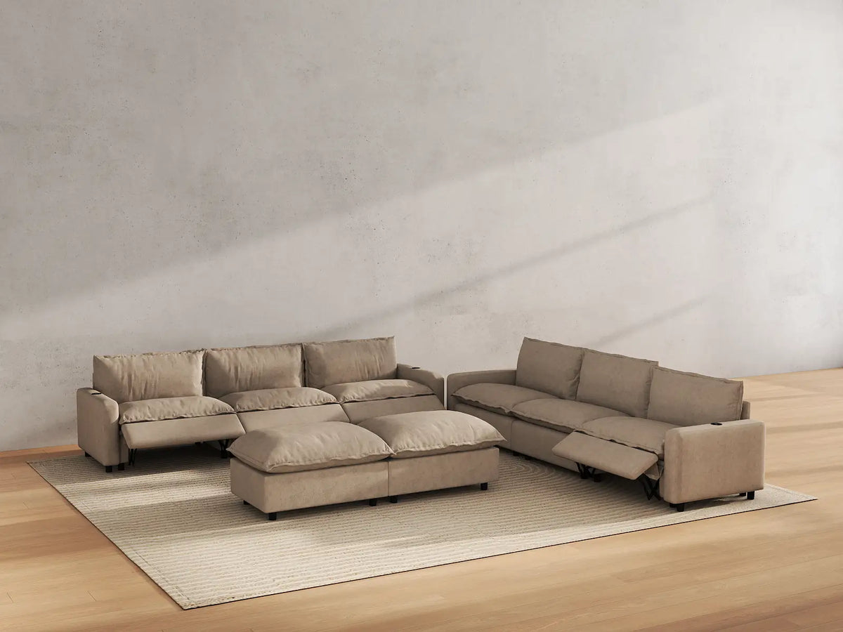 Modular Cero Reclining Sectionals | 8-Piece Khaki Linen Open Space Sofa Sets 6-Seater with 2-Ottomans