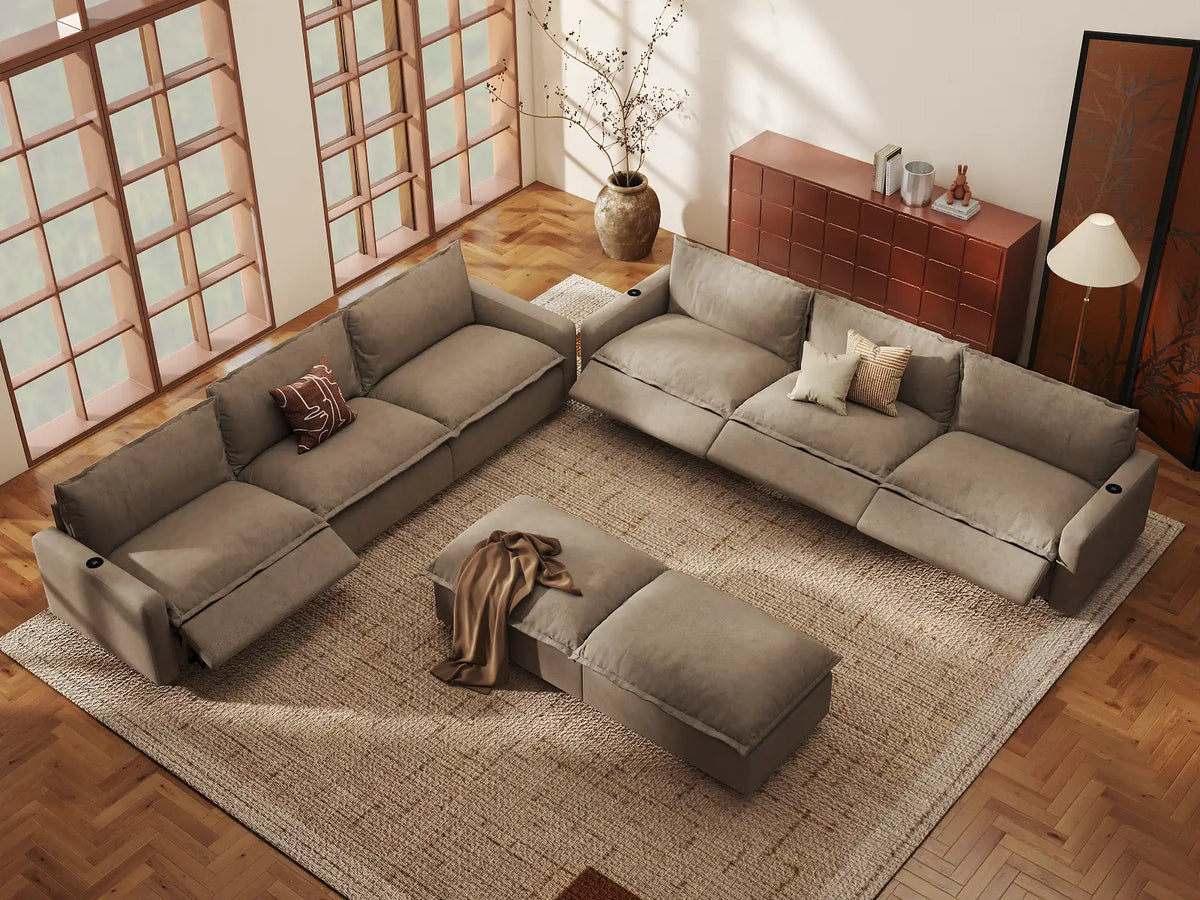 Modular Cero Reclining Sectionals | 8-Piece Khaki Linen Open Space Sofa Sets 6-Seater with 2-Ottomans