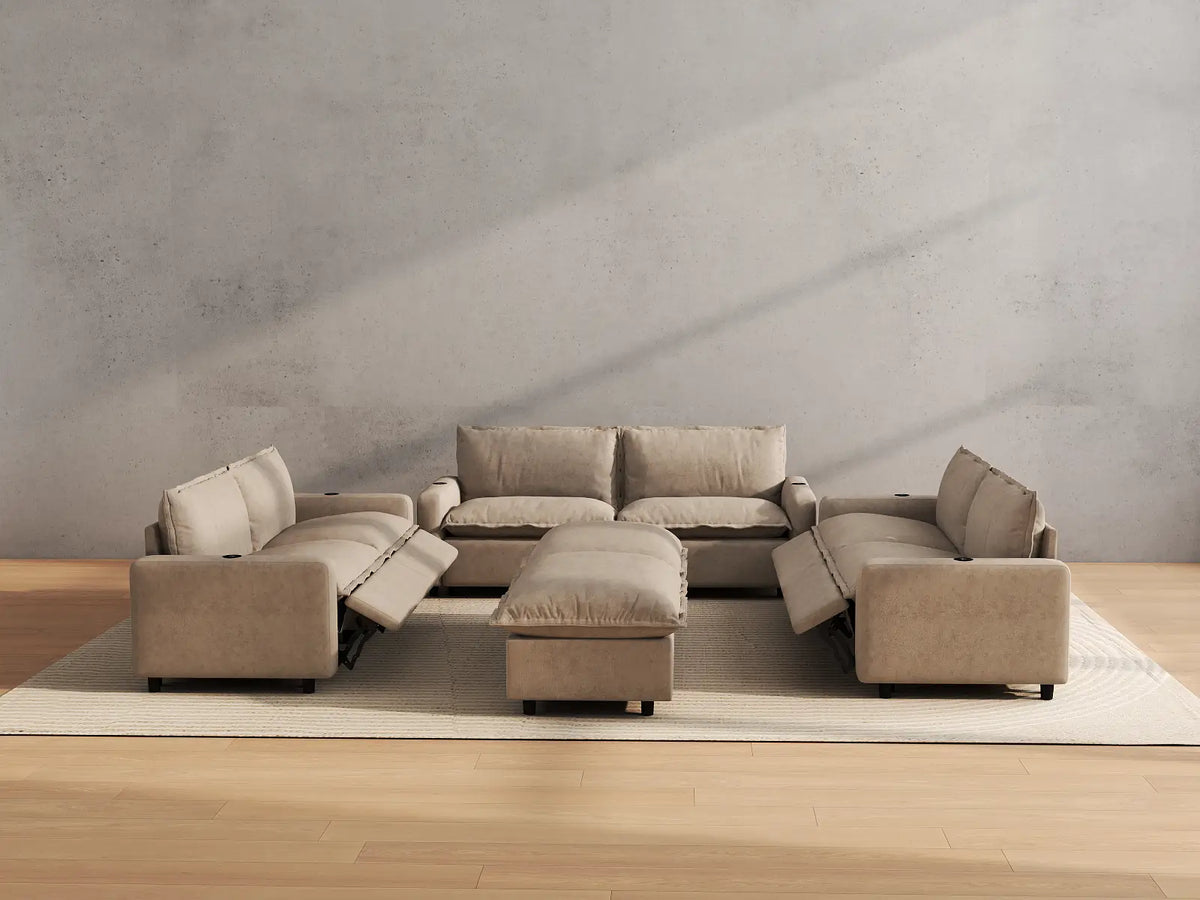 Modular Cero Reclining Sectionals | 8-Piece Khaki Linen Open Space Sofa Sets 6-Seater with 2-Ottomans