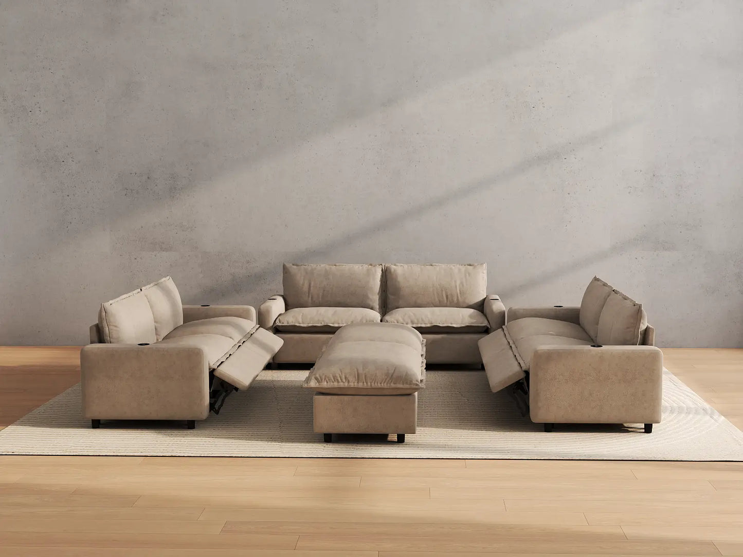 Modular Cero Reclining Sectionals | 8-Piece Khaki Linen Open Space Sofa Sets 6-Seater with 2-Ottomans