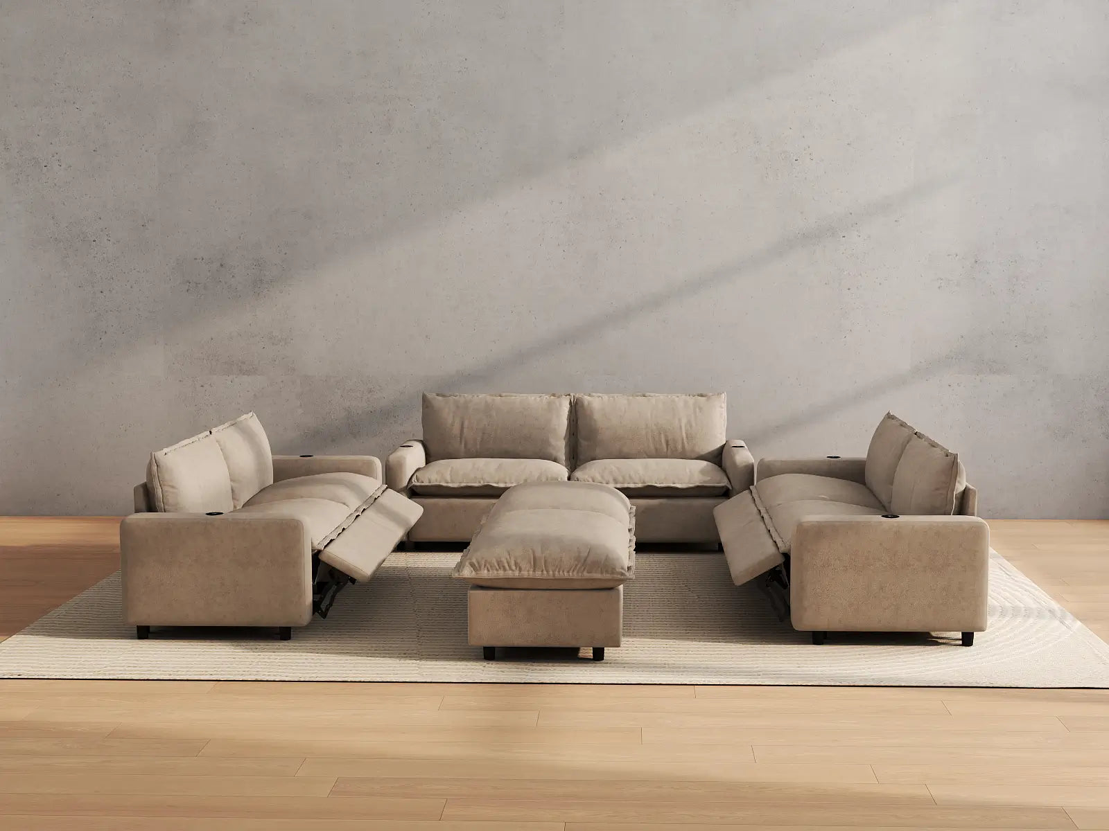 Modular Cero Sofa and Recliner Set Sale | 8-Piece Khaki Linen Open Space Sofa Sets 6-Seater with 2-Ottomans
