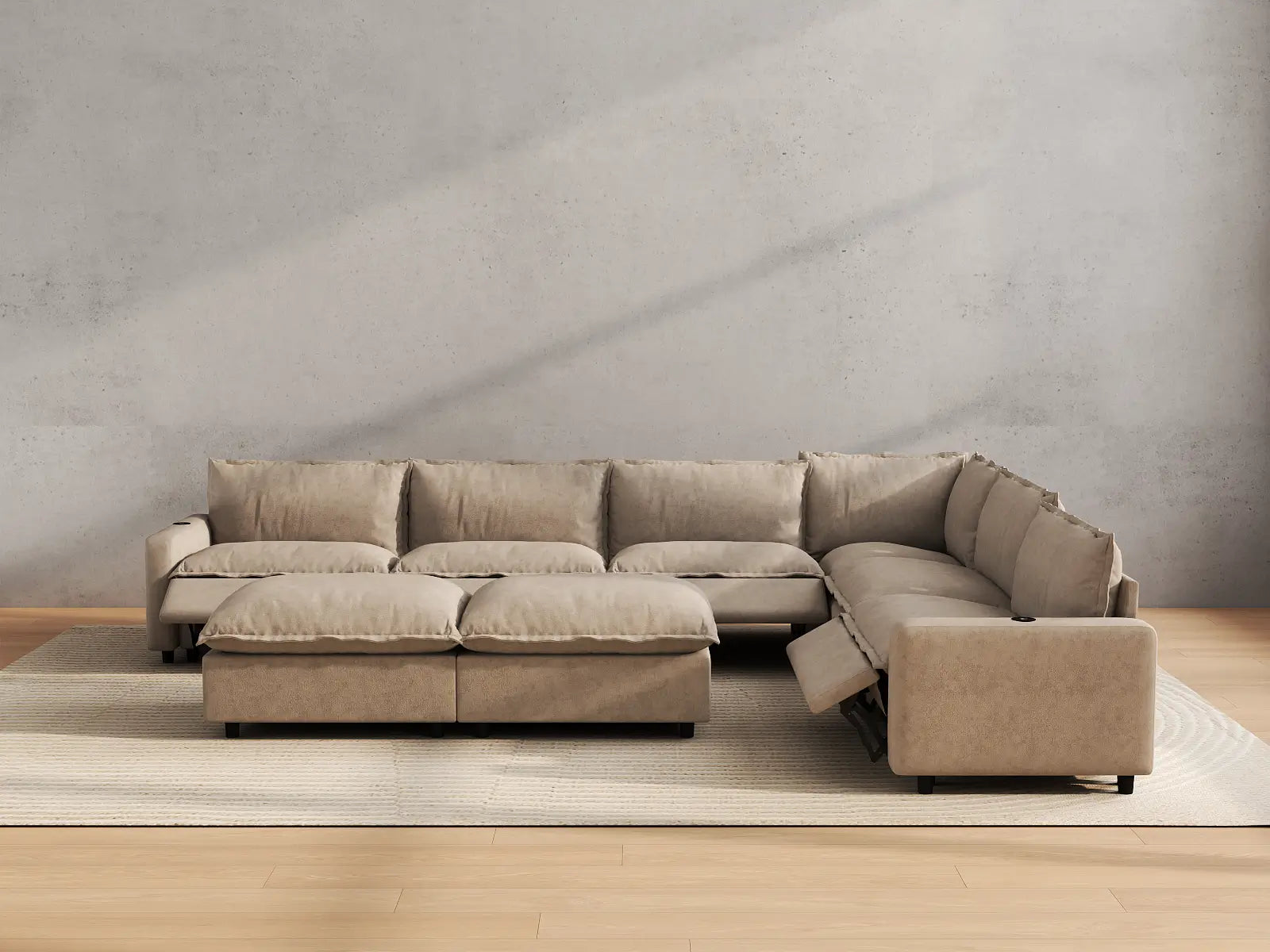 Modular Cero Power Recliner Sofa Set | 8-Piece Khaki Linen Open Space Sofa Sets 6-Seater with 2-Ottomans