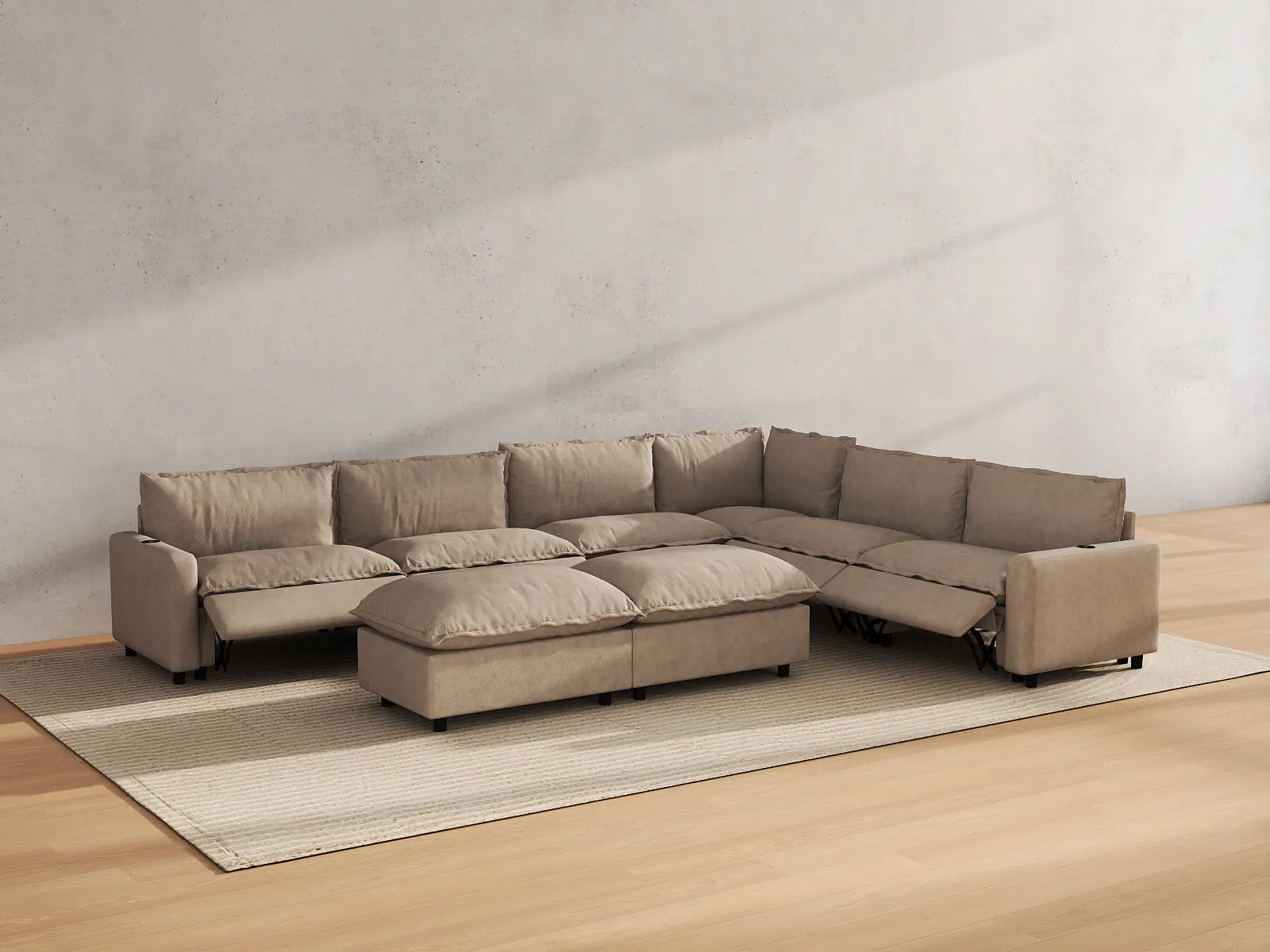 Modular Cero Power Recliner Sofa Set | 8-Piece Khaki Linen Open Space Sofa Sets 6-Seater with 2-Ottomans