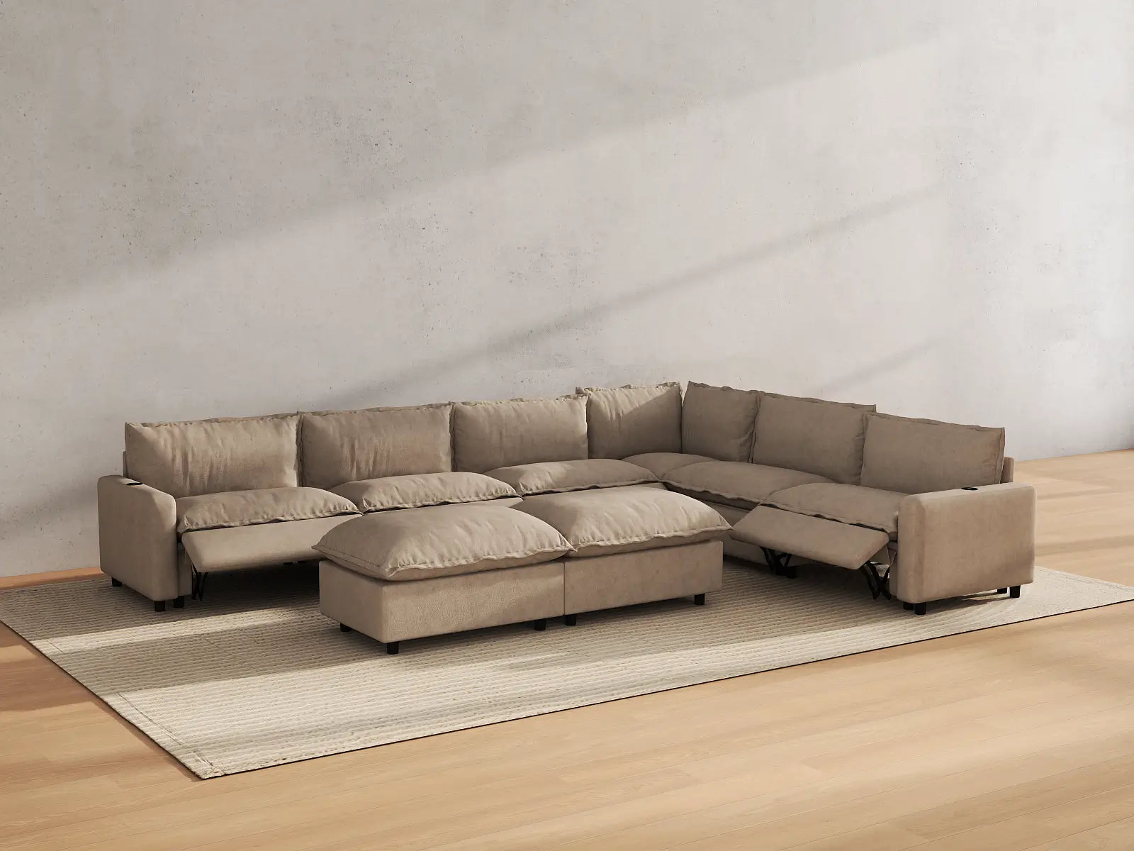 Modular Cero Power Recliner Sofa Set | 8-Piece Khaki Linen Open Space Sofa Sets 6-Seater with 2-Ottomans