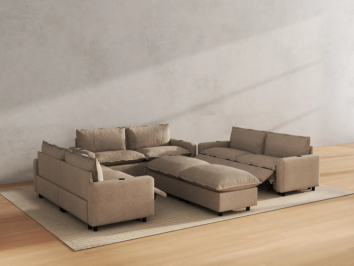 Modular Cero Reclining Sectionals | 8-Piece Khaki Linen Open Space Sofa Sets 6-Seater with 2-Ottomans