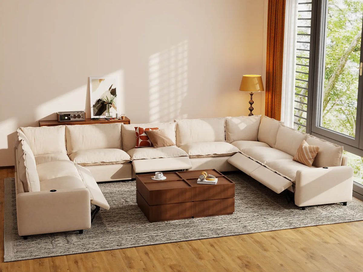 Modular Cero Reclining Sectionals | 9-Piece Beige Linen Open Space U-Shaped Sectionals 9-Seater