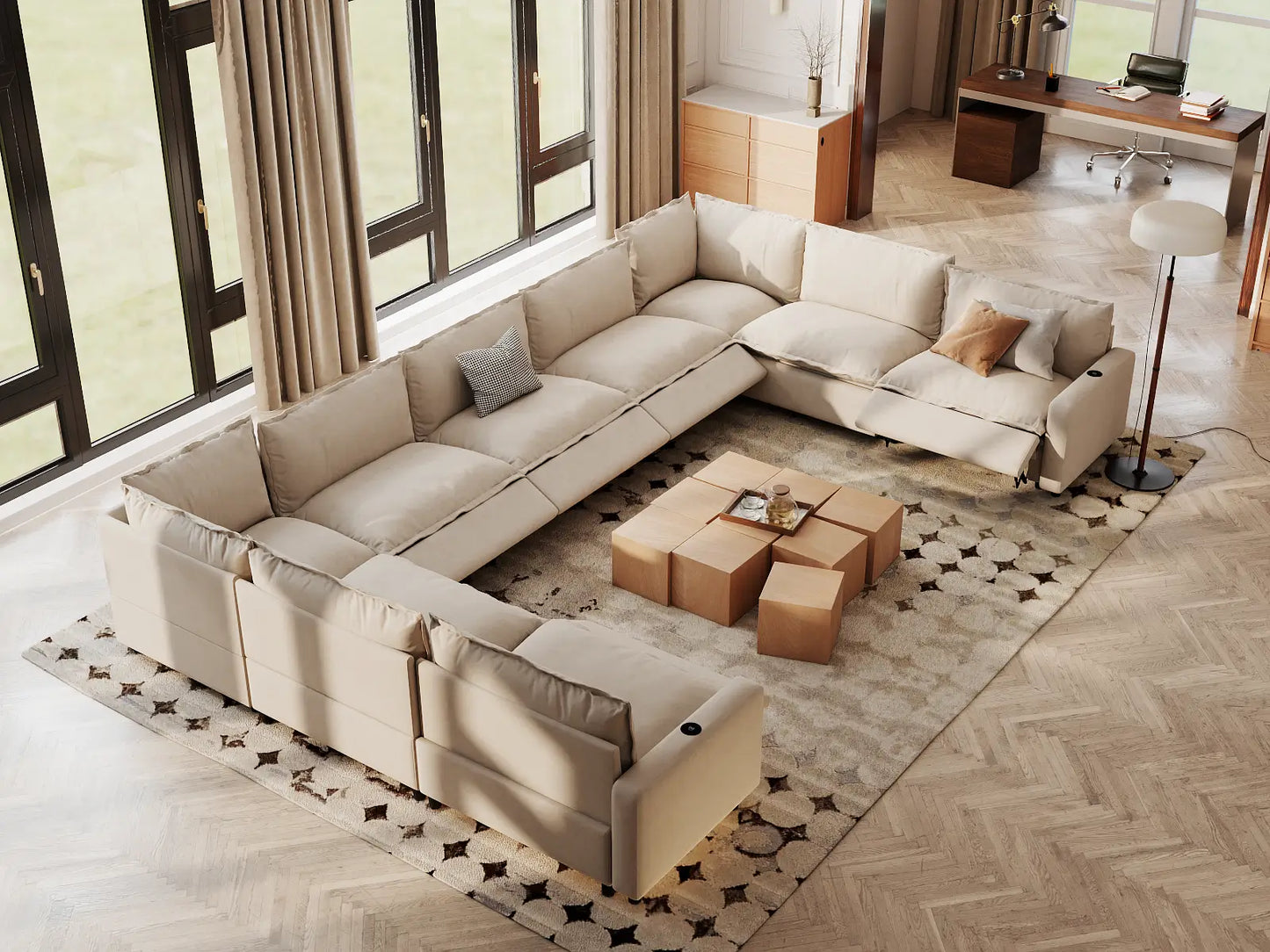 Modular Cero Reclining Sectionals | 9-Piece Beige Linen Open Space U-Shaped Sectionals 9-Seater