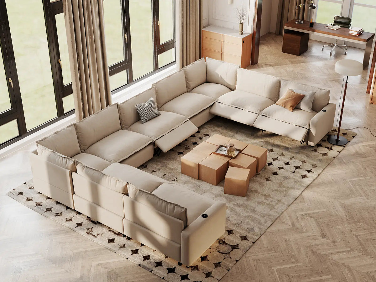 Modular Cero Reclining Sectionals | 9-Piece Beige Linen Open Space U-Shaped Sectionals 9-Seater