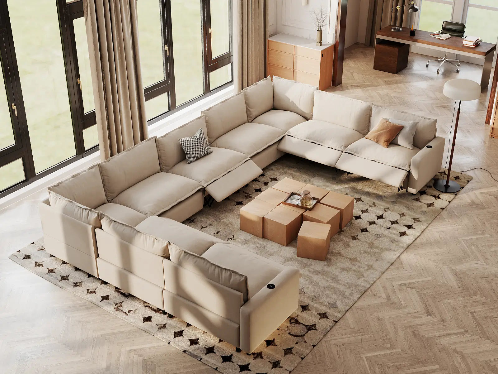 Modular Cero Reclining Sectional Couch for Sale | 9-Piece Beige Linen Open Space U-Shaped Sectionals 9-Seater