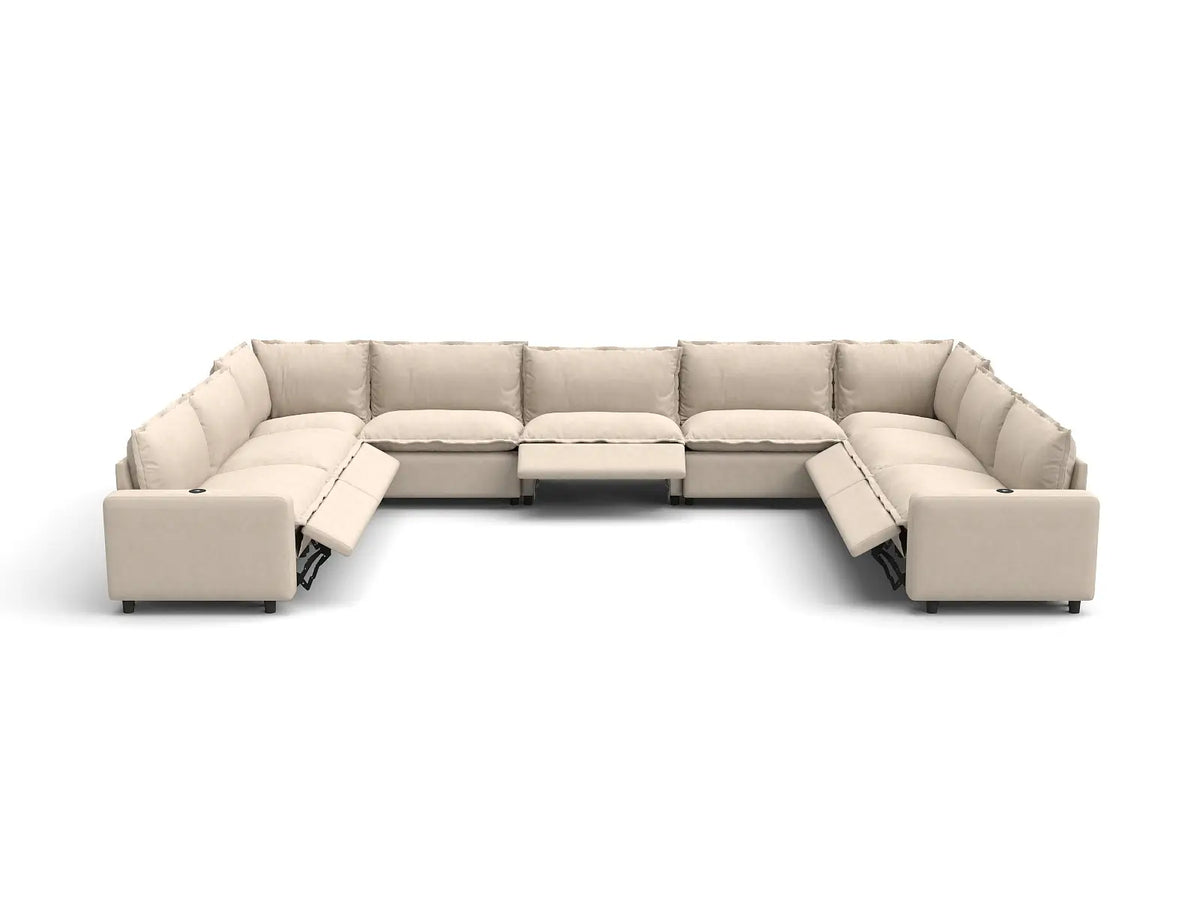 Modular Cero Reclining Sectionals | 9-Piece Beige Linen Open Space U-Shaped Sectionals 9-Seater