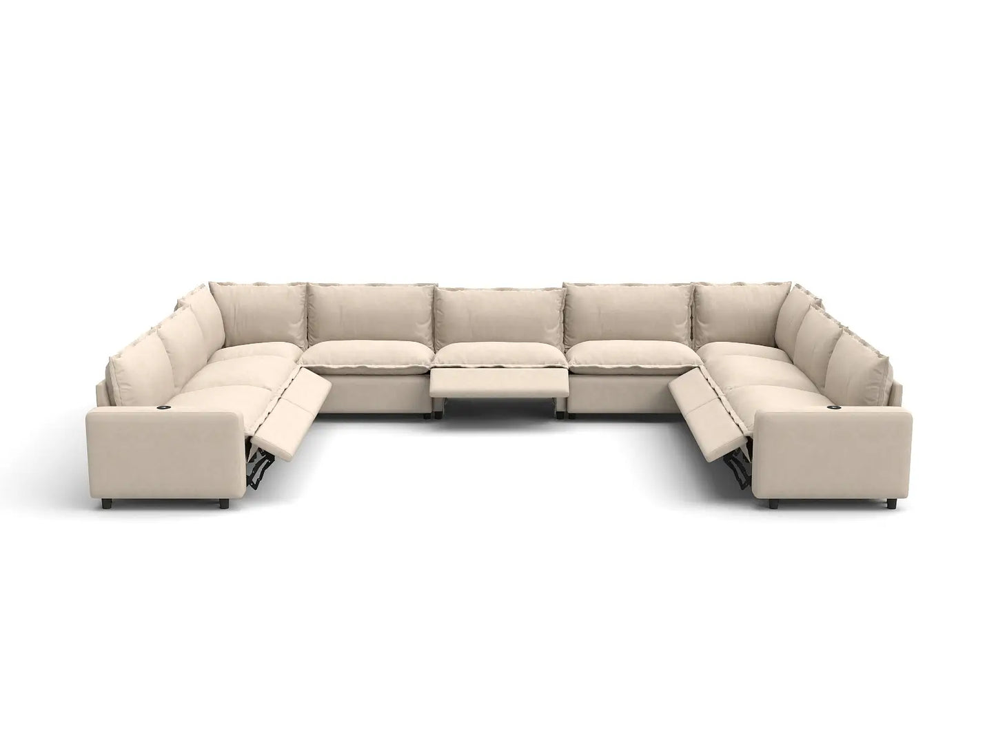Modular Cero Reclining Sectionals | 9-Piece Beige Linen Open Space U-Shaped Sectionals 9-Seater