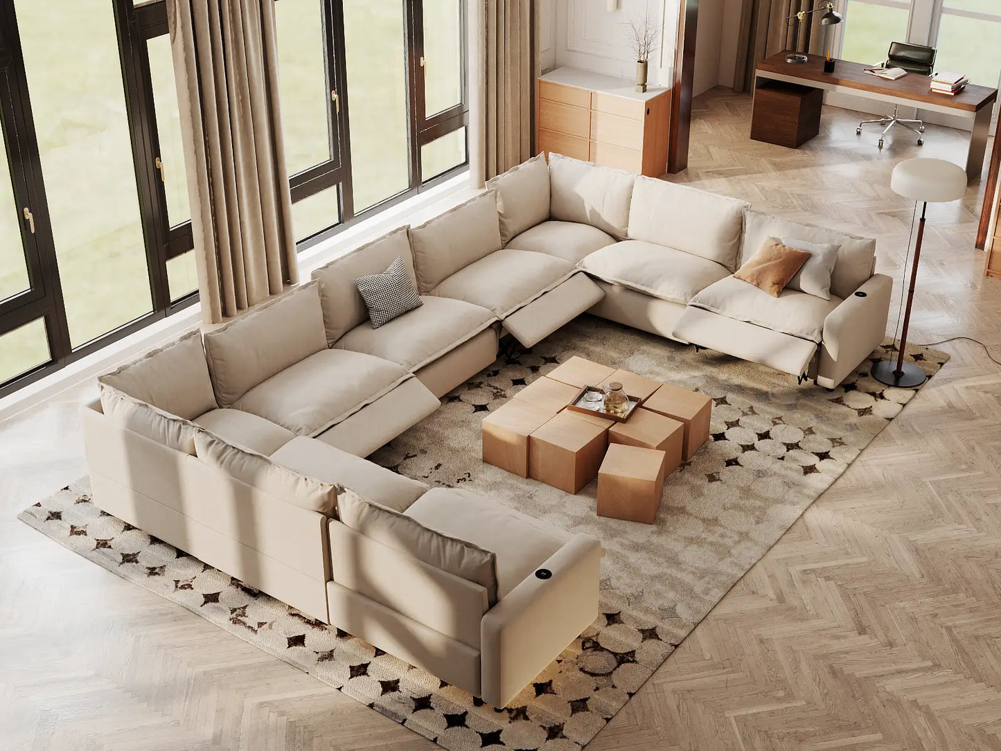 Modular Cero Reclining Sectionals | 9-Piece Beige Linen Grand Estate U-Shaped Sectionals 9-Seater