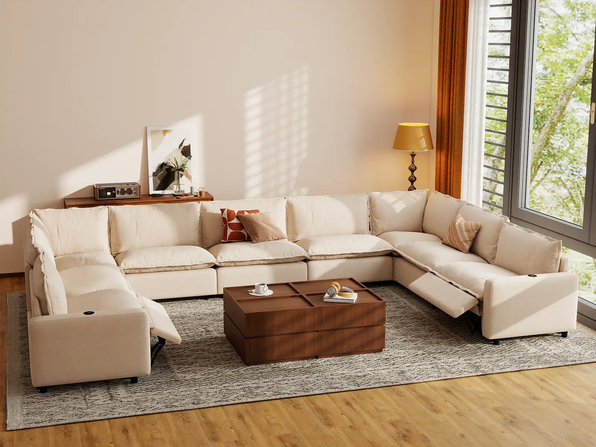 Modular Cero Reclining Sectionals | 9-Piece Beige Linen Grand Estate U-Shaped Sectionals 9-Seater
