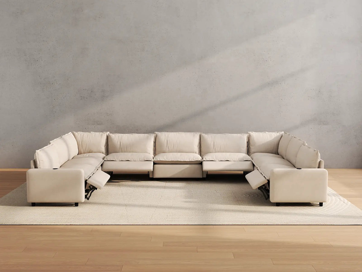 Modular Cero Reclining Sectionals | 9-Piece Beige Linen Grand Estate U-Shaped Sectionals 9-Seater