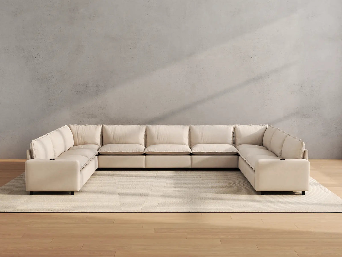 Modular Cero Reclining Sectionals | 9-Piece Beige Linen Grand Estate U-Shaped Sectionals 9-Seater