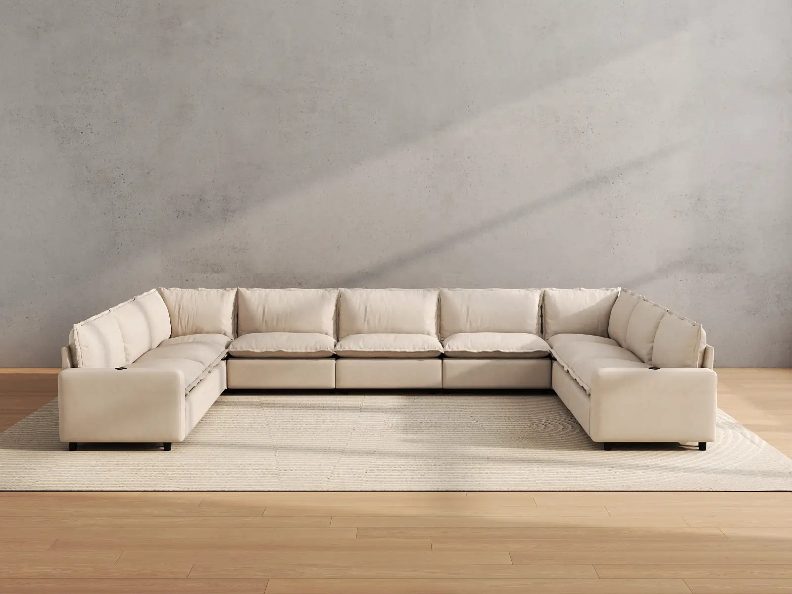Modular Cero Sectional Couch Reclining | 9-Piece Beige Linen Grand Estate U-Shaped Sectionals 9-Seater