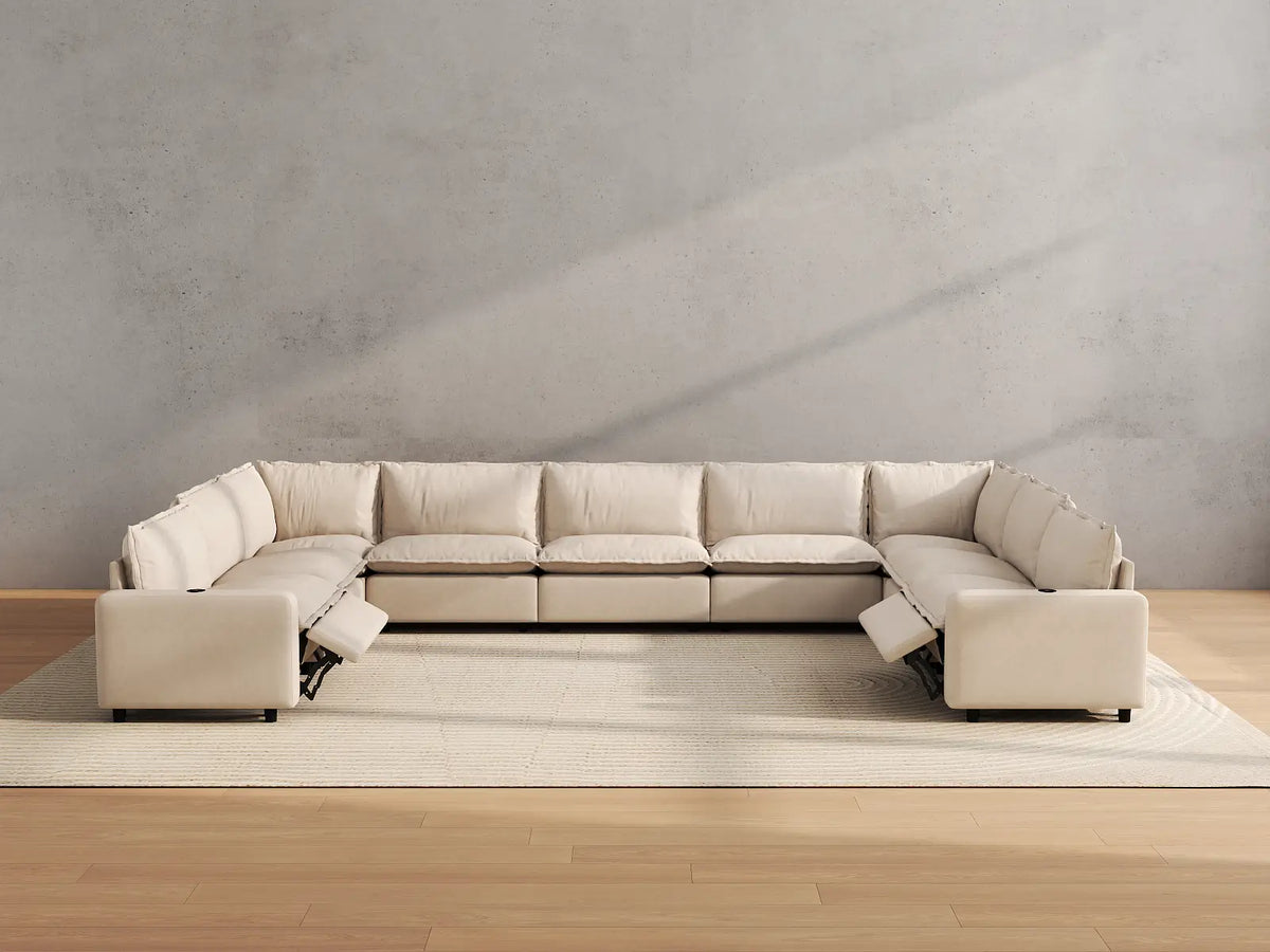 Modular Cero Reclining Sectionals | 9-Piece Beige Linen Grand Estate U-Shaped Sectionals 9-Seater