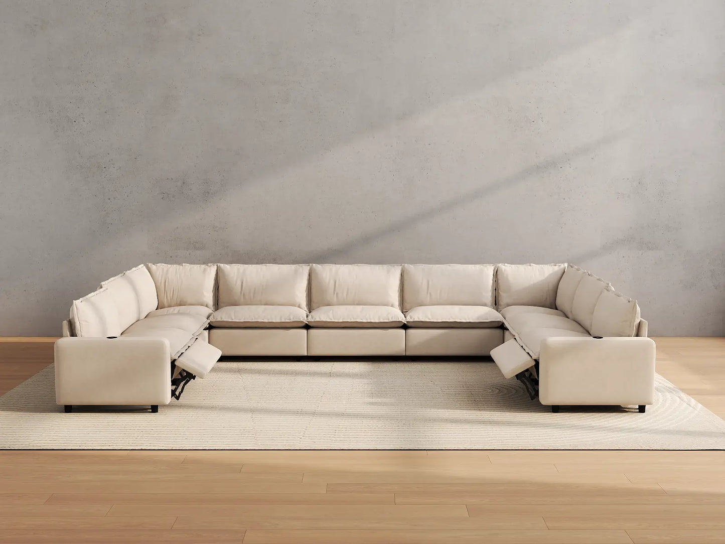 Modular Cero Reclining Sectionals | 9-Piece Beige Linen Grand Estate U-Shaped Sectionals 9-Seater