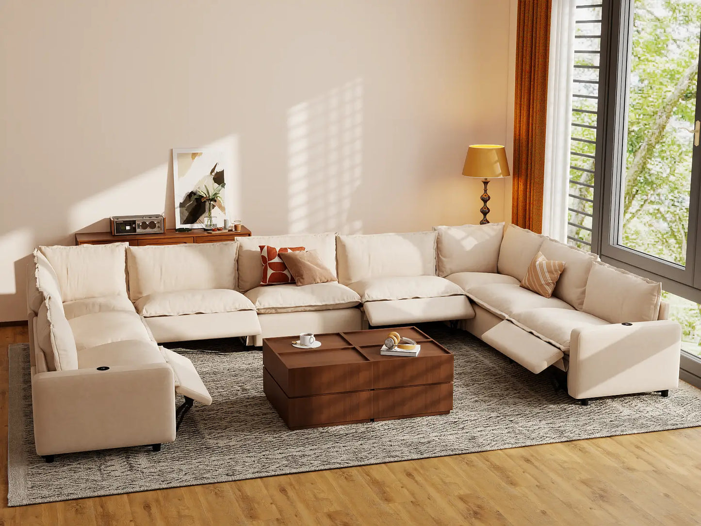 Modular Cero Reclining Sectionals | 9-Piece Beige Linen Grand Estate U-Shaped Sectionals 9-Seater