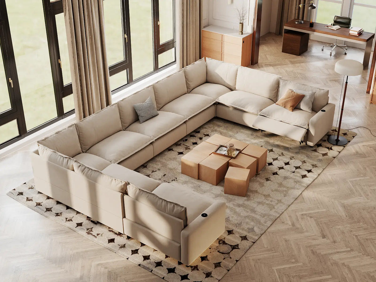 Modular Cero Reclining Sectionals | 9-Piece Beige Linen Grand Estate U-Shaped Sectionals 9-Seater