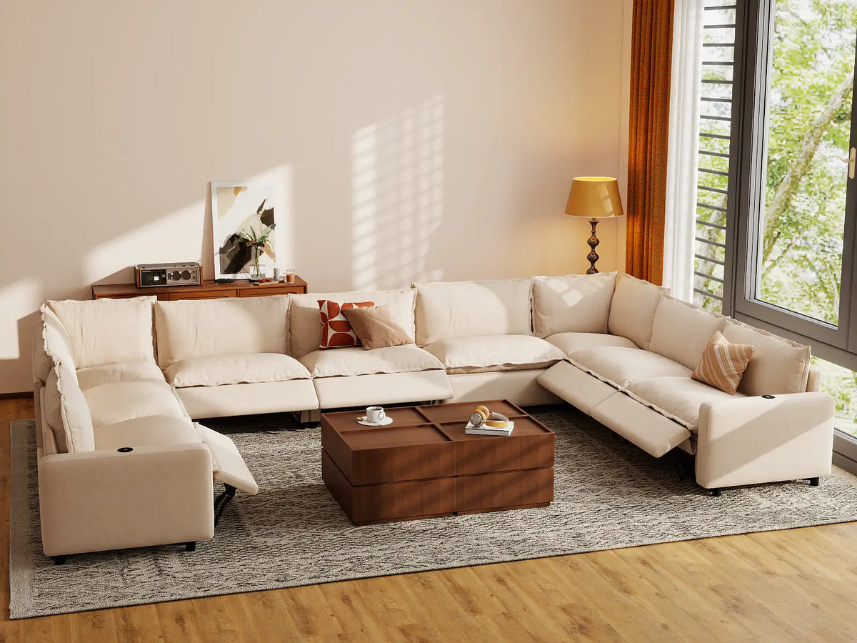 Modular Cero Reclining Sectionals | 9-Piece Beige Linen Open Space U-Shaped Sectionals 9-Seater