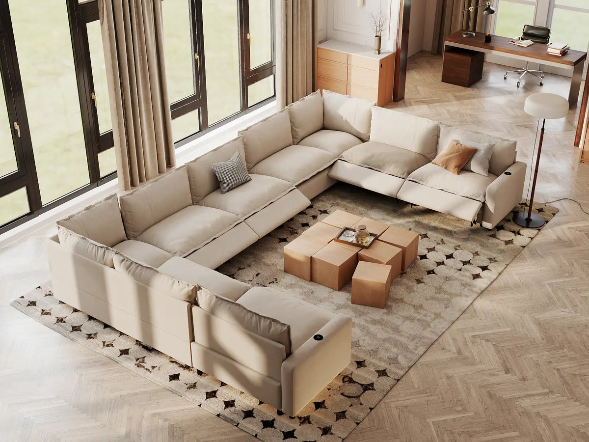 Modular Cero Reclining Sectionals | 9-Piece Beige Linen Open Space U-Shaped Sectionals 9-Seater