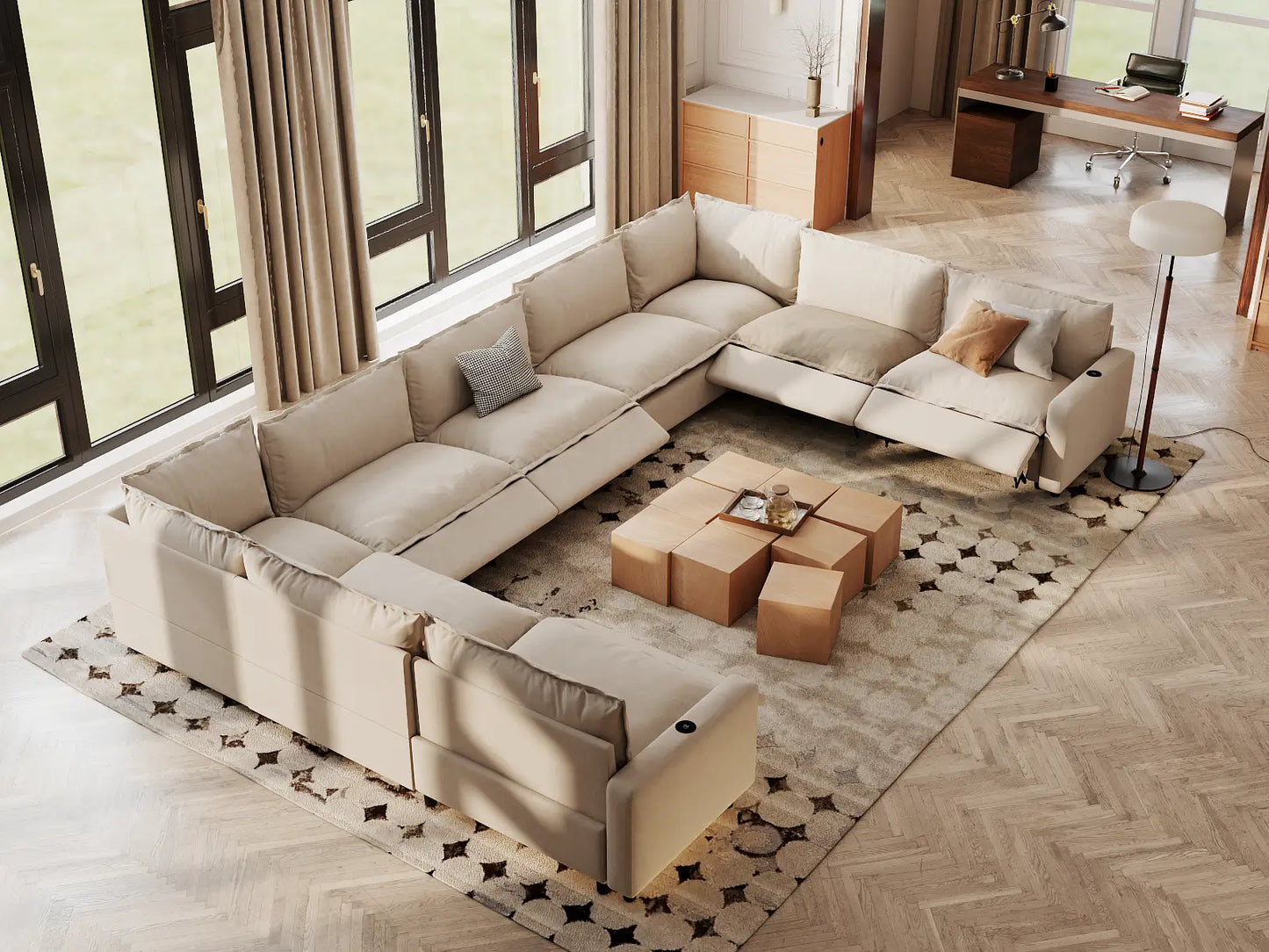 Modular Cero Reclining Sectionals | 9-Piece Beige Linen Open Space U-Shaped Sectionals 9-Seater
