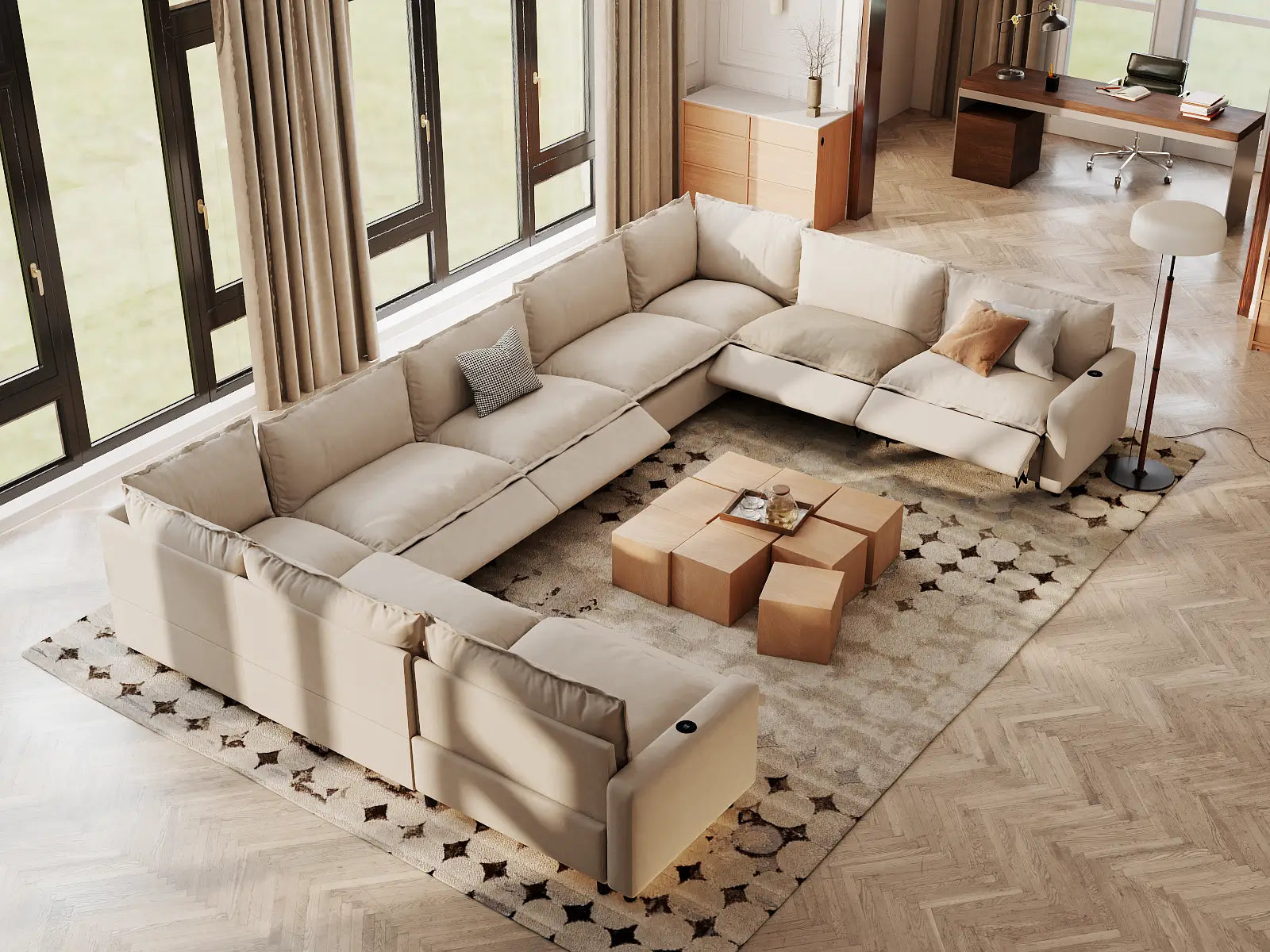 Modular Cero Recliner Couch Sectional | 9-Piece Beige Linen Open Space U-Shaped Sectionals 9-Seater